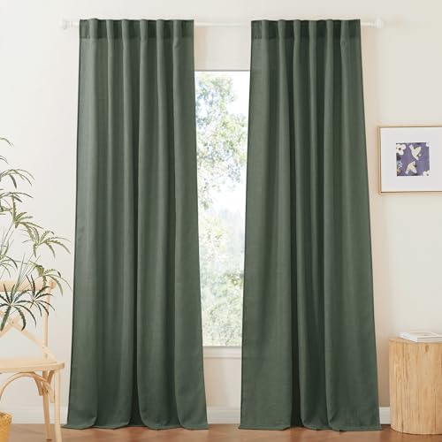 Linen Semi Sheer Curtains for Bedroom Living Room 95 inches Long (Hunter Green / 52"W x 95"L (Pack of 2))