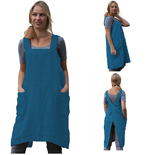 Cotton Linen Apron Blend Dress with Big Pockets for Women Square Pinafore Dress for Baking Cooking BBQ & Grill (Lake Blue / 3X-Large)