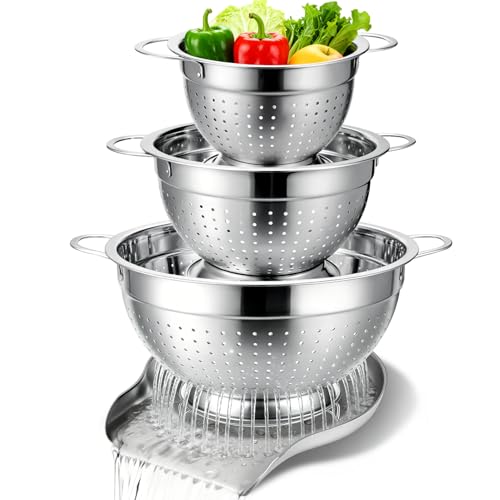 Stainless Steel Colander Set with Handles & Self (3 Sizes Colander Set with Handles & Self-Draining Base)
