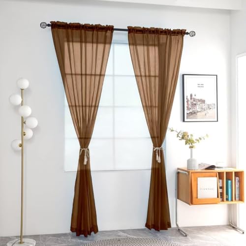 Solid Sheer Rod Pocket Curtain Voile Draperies 2 Panels White Beige Black Grey Coffee 52 Inch Width 72 Inch Long 1 Pair for Kitchen Bedroom Children Living Room Yard (Brown / 52"W x 72"L (Pack of 2))