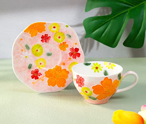 Flower Coffee Mug with Saucer Set Ceramic Tea Cup Flower Mugs for Women 8 oz (Orange Bulbous Orchids)