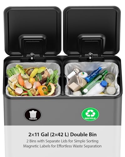 Dual Trash and Recycling Bins for Kitchen (Gray / 2 x 11 Gallon)