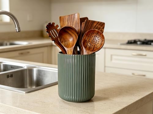 Large Stoneware Kitchen Utensil Holder for Kitchen Counter & Countertop Cooking Utensil Holder Spatula Holder Utensil Crock for Kitchen Counter Vertical Ribbed Fluted Stripe (Concrete Grey)
