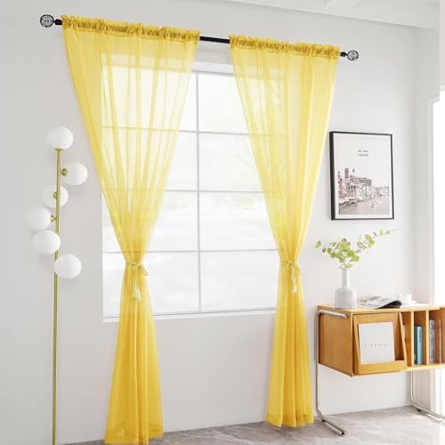 Solid Sheer Rod Pocket Curtain Voile Draperies 4 Panels White Beige Black Grey Ivory 52 Inch Width 63 Inch Long 1 Pair for Kitchen Bedroom Children Living Room Yard (Yellow / 52"W x 63"L (Pack of 4))