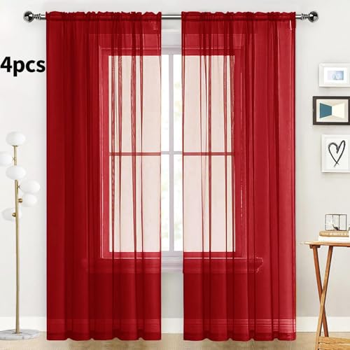 Christmas Red Sheer Curtains 4 Panels Rod Pocket Semi (Christmas Red / 52"W x 90"L (Pack of 4))