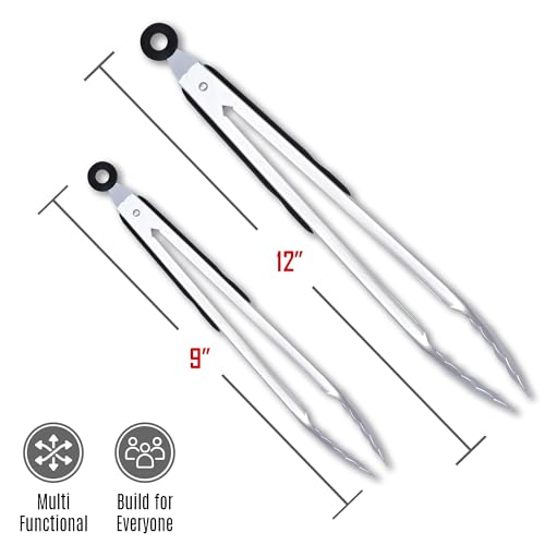 Stainless Steel Kitchen Tongs Set (Pack of 2 Black & Silver (9" & 12"))