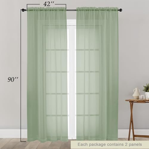 Sage Green Sheer Curtains for Bedroom Living Room 90 Inches Long 2 Panels Set (Sage Green / 42"W x 90"L (Pack of 2))