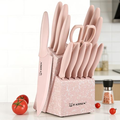 15 Piece Pink Nonstick German Steel Knife Set with Block (Pink / 15 Pieces)