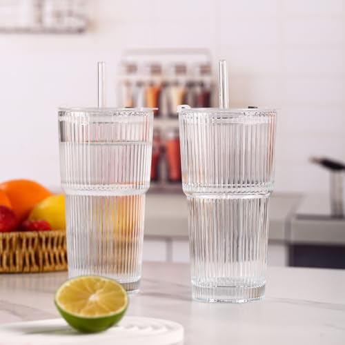 4PCS Ribbed Glass Cups with Lids and Straws (Crystal-4)