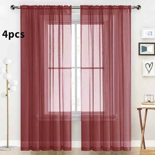 Burgundy Sheer Curtains 4 Panels Rod Pocket Semi (Burgundy / 52"W x 72"L (Pack of 4))