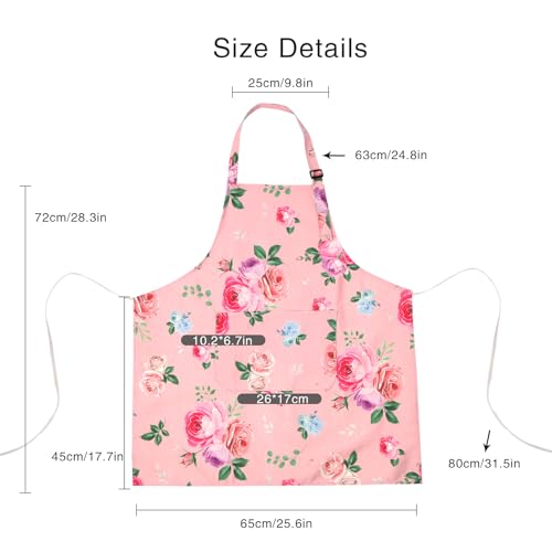 Floral Apron for Women with Pockets Cotton Canvas Waterproof Apron Cooking Baking Painting Gift (Red and Green)
