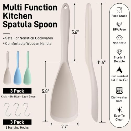 3 PACK Silicone Cooking Spatula & Spoon for Nonstick Cookware (Khaki, Sky Blue, Light Green)