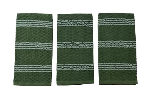 Dark Green Kitchen Hand Dish Towels Waffle Ruffle Textured Set of 3 (Rainah Dark Green)