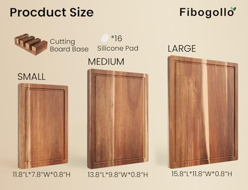 Set of 3 Large Acacia Wood Kitchen Cutting Boards with Holder (Wood-3pc-L / Brown)