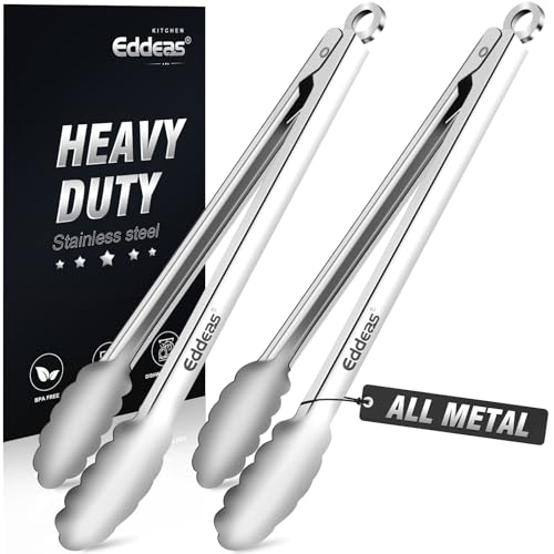 2 PCS 12 Inch Tongs for Cooking Heavy Duty All Metal Kitchen Tongs (12 inch / Silver 2Pcs)