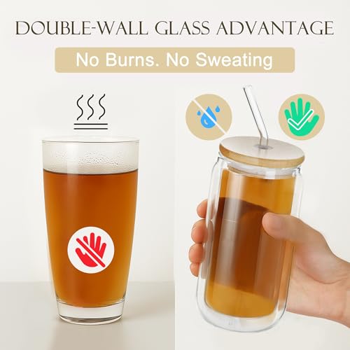 Double Wall Drinking Glass Cups with Bamboo Lids & Straws (11.8 Ounces)