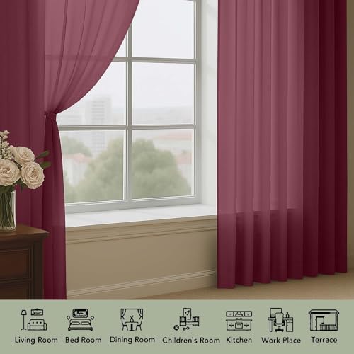 Burgundy Sheer Curtains 108 Inches 2 Panels for Living Room 59" Wide (Burgundy Wine / 59"W x 108"L (Pack of 2))