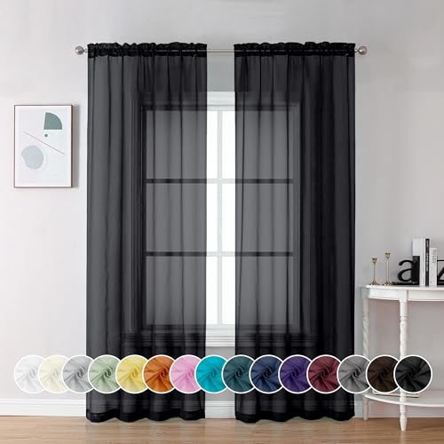 Black Sheer Curtains 96 inches Long Window Draperies 2 Panels (Black / 42"W x 96"L (Pack of 2))