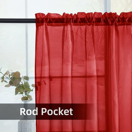 Solid Sheer Rod Pocket Curtain Voile Draperies 2 Panels White Beige Black Grey Ivory 52 Inch Width 63 Inch Long 1 Pair for Kitchen Bedroom Children Living Room Yard (Christmas Red / 52"W x 63"L (Pack of 2))
