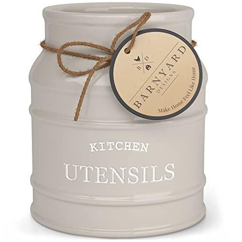 Ceramic Kitchen Utensil Holder Countertop 6.75″ (Taupe)