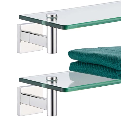 Bathroom Shelves Wall Mounted Floating Glass Shelf Polished Stainless Steel 16 (Polished Chrome / 16-Inch(2 Pack))