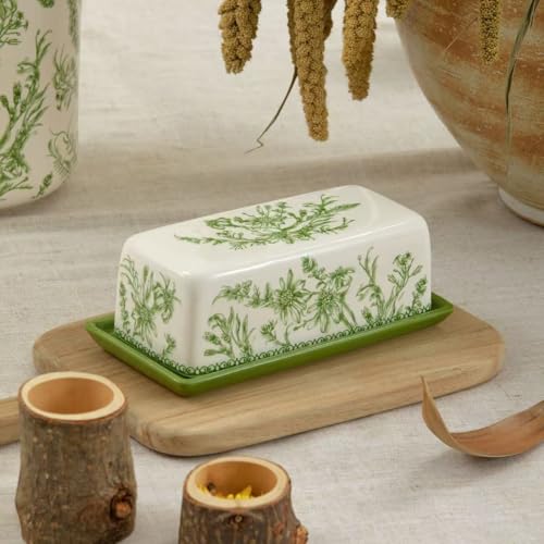 Green Garden Toile Ceramic Butter Dish with Lid (Green Garden Toile De Jouy / Large)