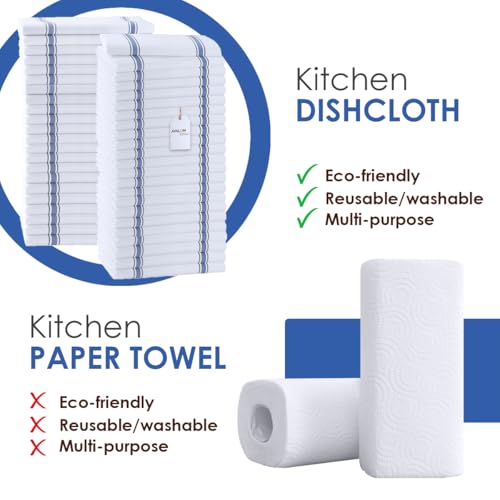 Dish Towels 45 Pack Blue Stripe 100% Cotton Kitchen Towel 15x25 Inch Tea Towels (Blue Stripe / Pack of 45)