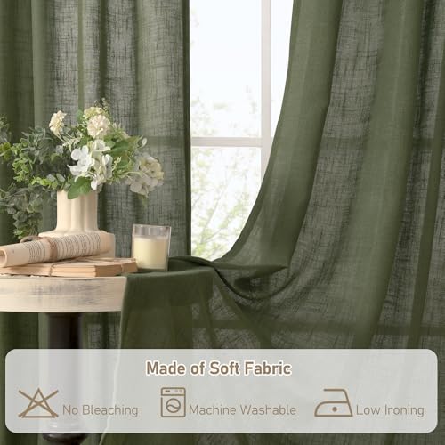 Semi Sheer Linen Curtains 102 inches Long for Living Room 2 Panels (52"W x 102"L (Pack of 2) / Olive Green)