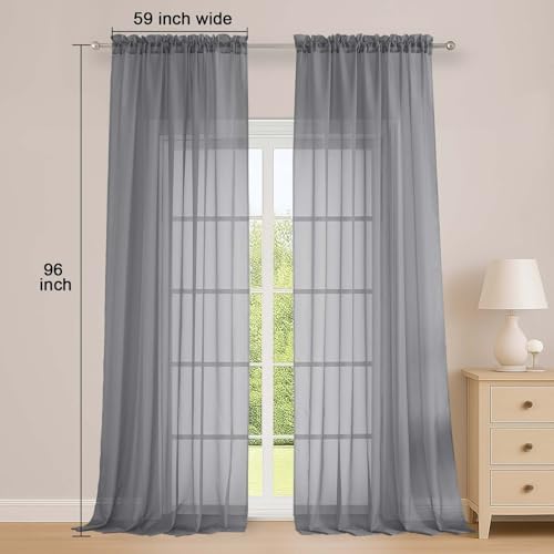 Grey Sheer Curtains 96 Inch Long 2 Panels for Living Room 59" Wide (Grey / 59"W x 96"L (Pack of 2))