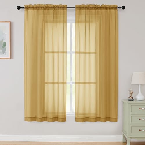 Sheer Gold Curtains for Bedroom Living Room 63 Inch Length 2 Panels (Gold / 42"W x 63"L (Pack of 2))