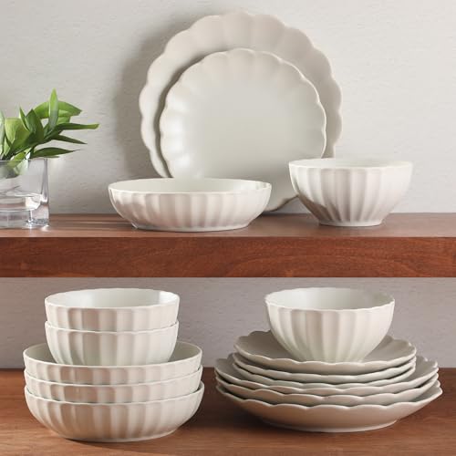 Malibu Shore 16 Piece Scalloped Edge Stoneware Matte Reactive Glaze (Cream White (Malibu Shore) / Service for 4 (16pcs))