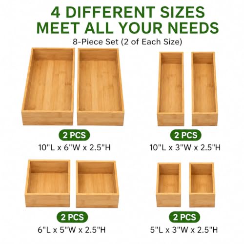 8 Pcs Bamboo drawer Organizer Storage Box