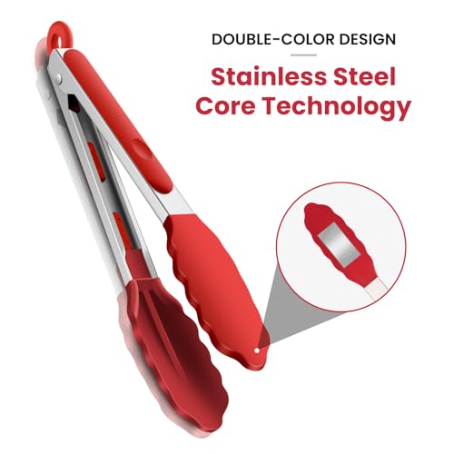 3 Pack Kitchen Tongs for Cooking with Silicone Tip (9 inch / Red 3Pcs)
