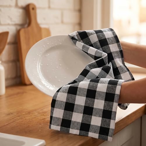 Kitchen Towels Cotton Dish Towels 20”x30” (20" x 30" (Set of 6) / 003 Black/White - Check)