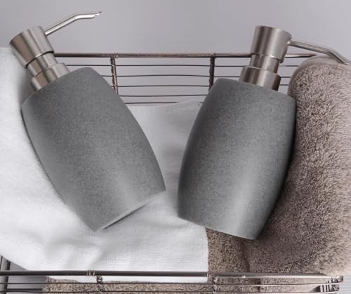 Sandstone Textured Resin Soap Dispenser with Metallic Pump and Waterproof Bottle Labels for Bathroom Kitchen Dish Hand Wash Shower Lotion Shampoo (Dark Gray_2 Pcs)