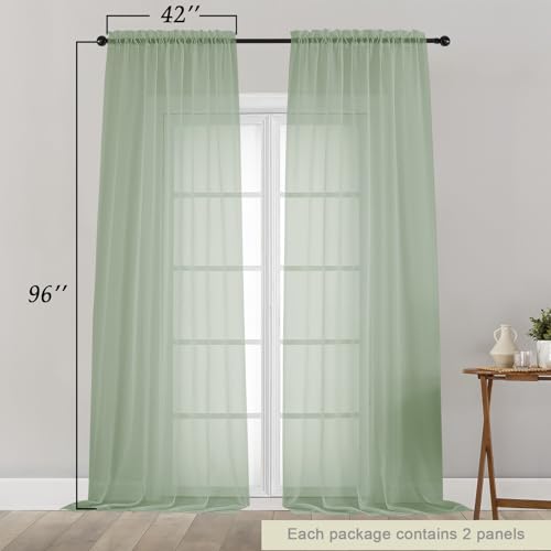 Sage Green Sheer Curtains for Bedroom Living Room 96 Inches Long 2 Panels (Sage Green / 42"W x 96"L (Pack of 2))