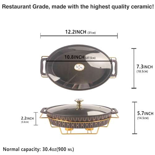 10" x 7" Ceramic Oval Casserole Dish with Glass Lid and Gold rack (Black with rack / 10" x 7")
