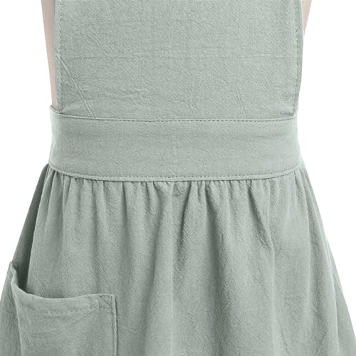 Womens Cute Frill Cross Back Cotton Linen Japanese Apron With Pockets (Sage Green Kids / 3-6 Years)