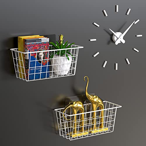 Wall Wire Baskets Adhesive Basket Hanging Kitchen Baskets No Drilling for Cabinet & Pantry Organization and Kitchen (WHITE / 4 PACK)