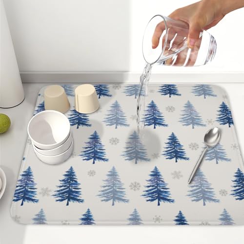 Winter Dish Drying Mat 16 x 18 Inch Blue Tree Dish Drying Pad Absorbent Microfiber Mats for Snowflake Dish Rack Pad for Holiday Kitchen Counter Coffee Bar Decor (Winter Blue / 16" x 18")