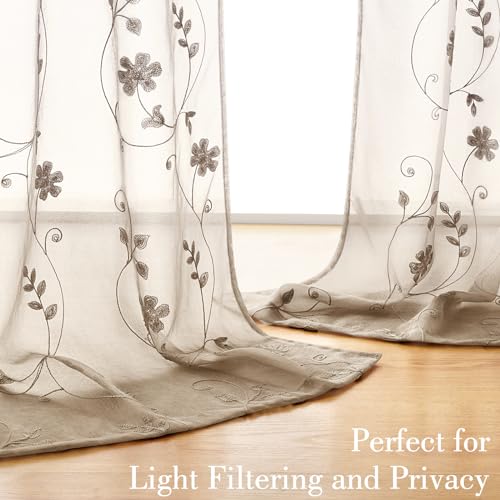 Taupe Sheer Curtains 84 Inches Long 2 Panels Beige Embroidered Floral Pattern Semi Sheer Window Curtains for Bedroom Living Room (52"W x 84"L (Pack of 2) / Taupe/Beige)