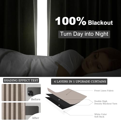 Linen Blackout Curtains 120 Inches Long for Bedroom 100% Black Out Luxury Farmhouse Ceiling Track Curtains with Hooks Drapes for Sliding Glass Patio Doors Inside 10 ft Large Window (Linen / 52"W x 120"L (Pack of 2))