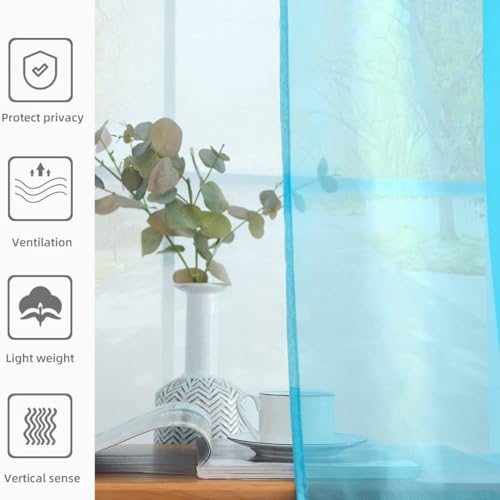 Solid Sheer Rod Pocket Curtain Voile Draperies 2 Panels White Beige Black Grey Coffee 52 Inch Width 108 Inch Long 1 Pair for Kitchen Bedroom Children Living Room Yard (Cyan Blue / 52"W x 108"L (Pack of 2))