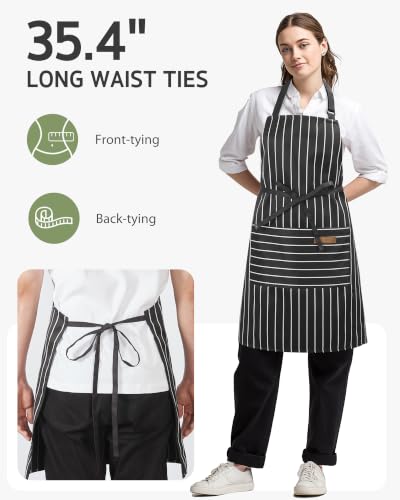 2 Pack Kitchen Apron with 2 Pockets for Women (Stripe Black Red / 2 Polycotton)