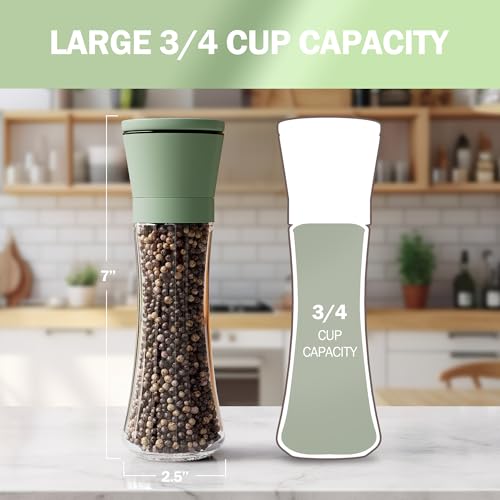 Premium Green Sea Salt and Pepper Grinder Set of 2 (Green Cap/Clear Glass / 2pk)
