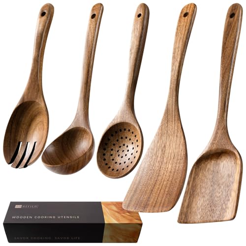 Wooden Spoons for Cooking (5 Box/Natural Brown / 10.5-13.5" set)