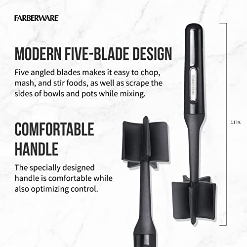 Meat Masher and Chopper Tool with 5 Beveled Blades (Black)