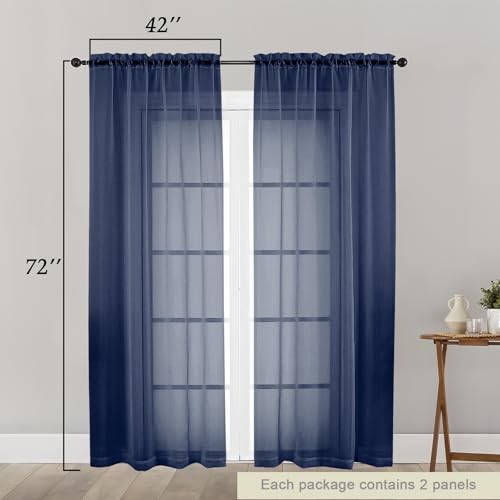 Navy Blue Sheer Curtain for Bedroom Living Room 72 Inches Long 2 Panels Set (Navy Blue / 42"W x 72"L (Pack of 2))