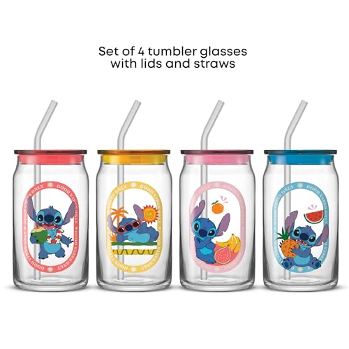 Disney Stitch Island Vibes Glass Tumblers with Lids and Straws (Stitch)