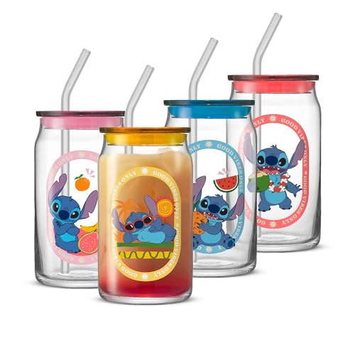 Disney Stitch Island Vibes Glass Tumblers with Lids and Straws (Stitch)